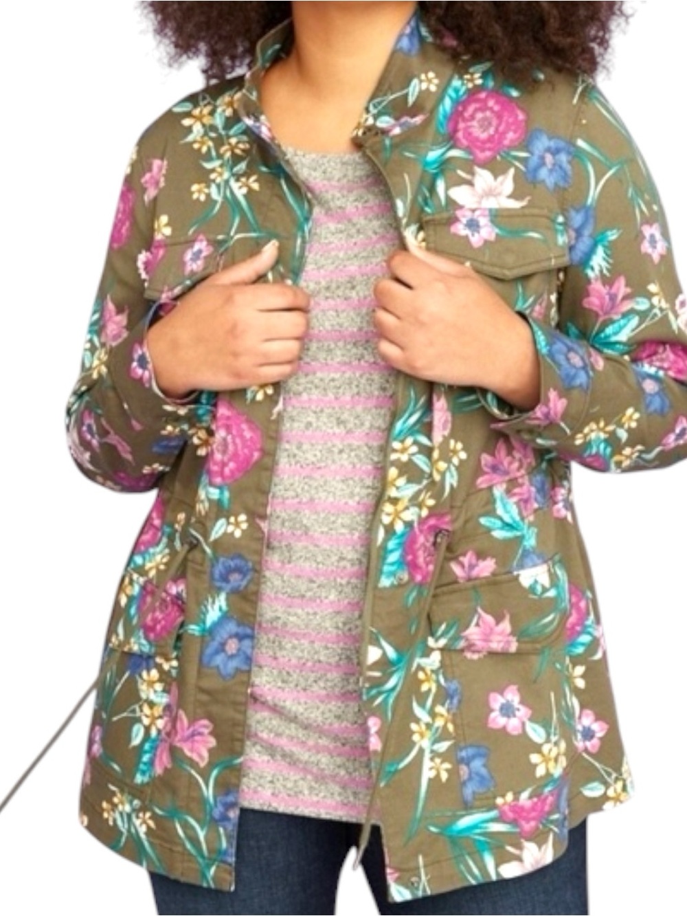 Lane Bryant Sz 22/24 3X Olive Green Floral Utility Military Jacket Fall